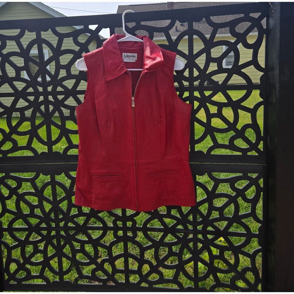 Women's Vintage Authentic Leather Red Full Zip Biker Sleeveless Vest